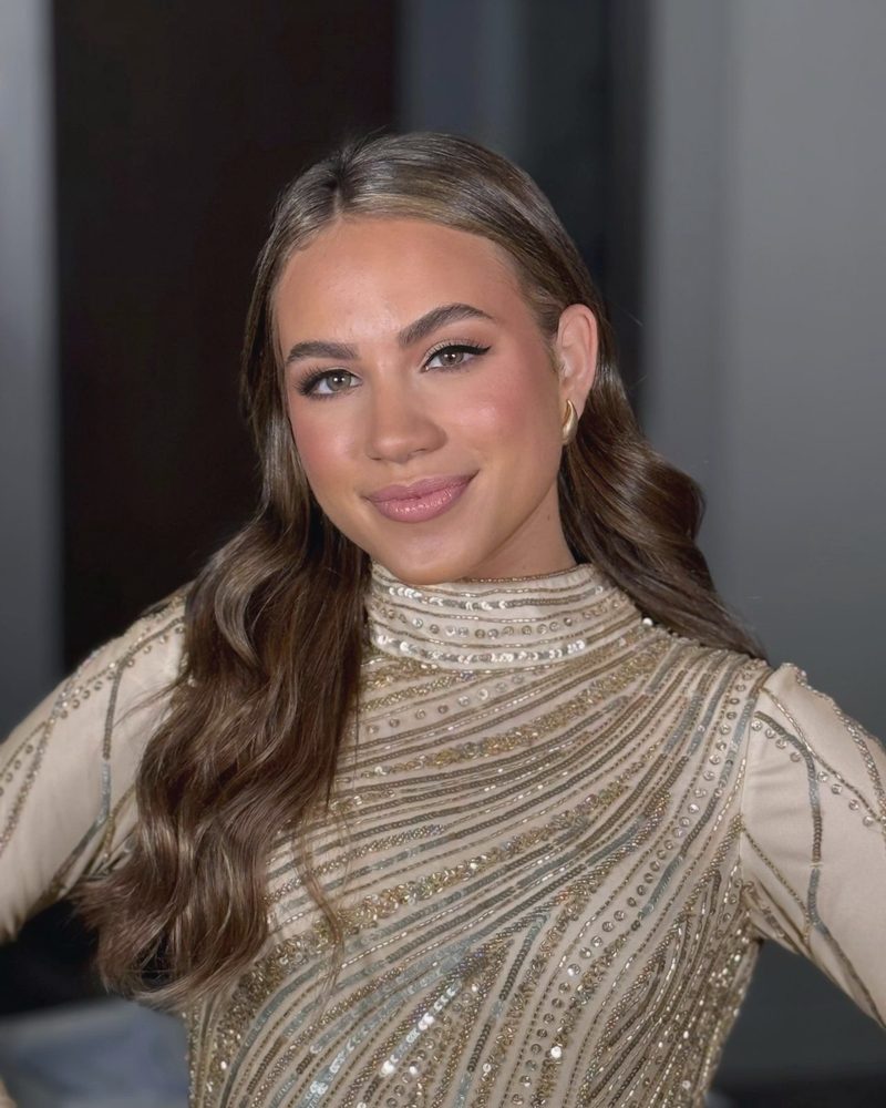 Soft glam with a gold beaded gown